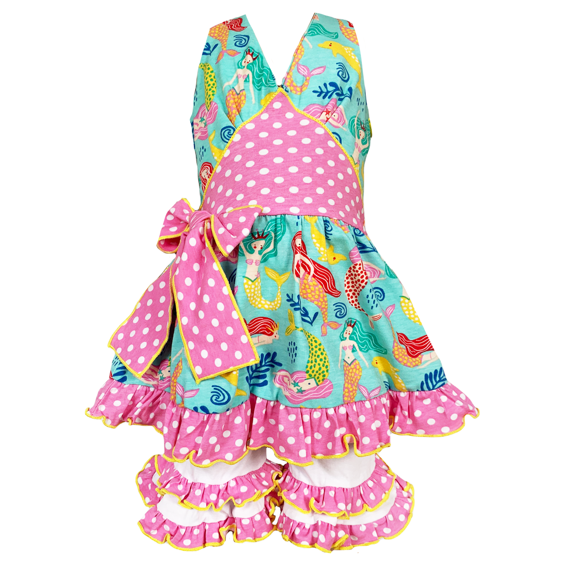 AnnLoren Girls Mermaid Halter Dress featuring a pink polka dot waistband and big bow, paired with white ruffle shorts, perfect for summer wear.